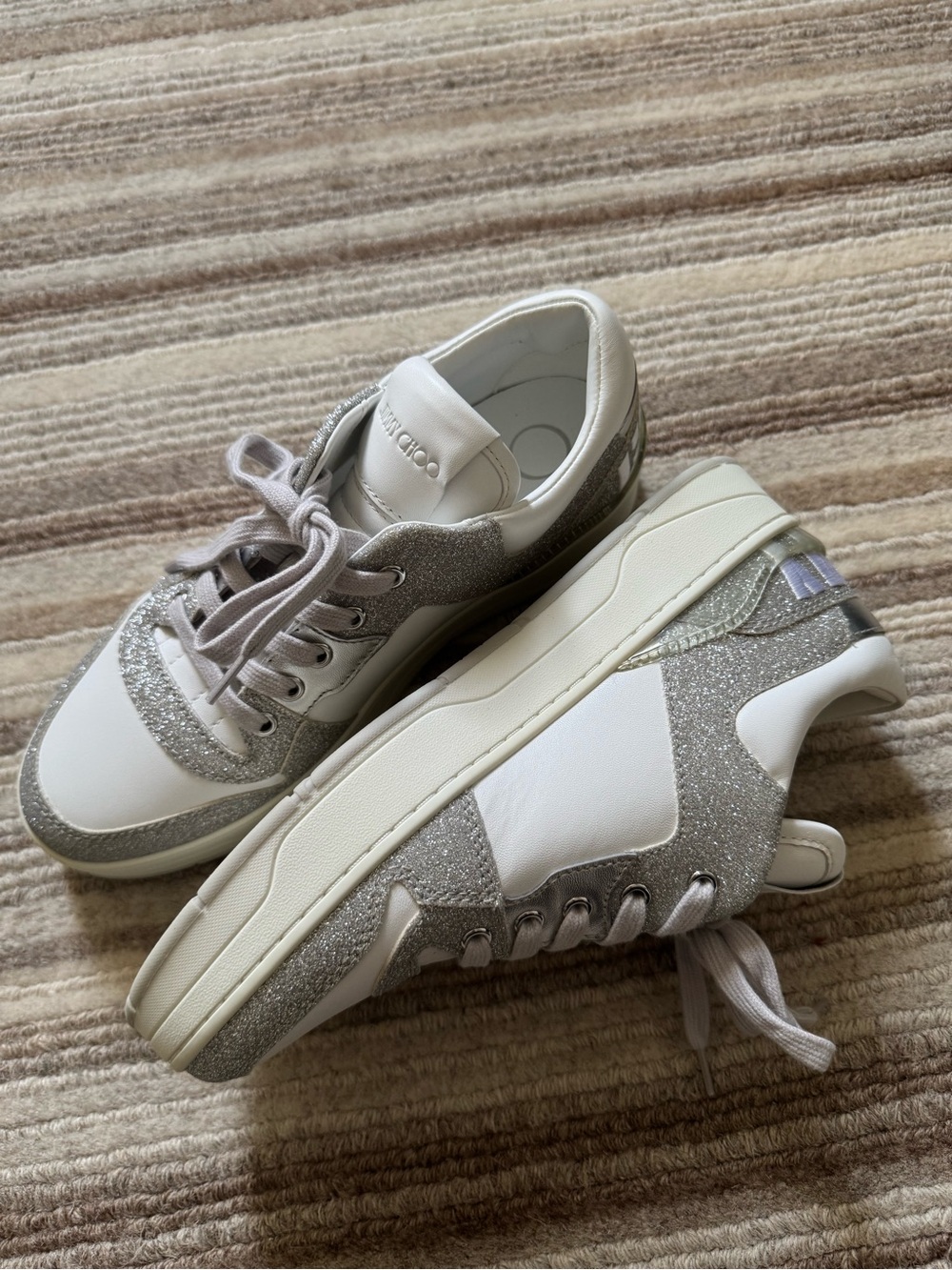 Jimmy Choo White and Silver Glitter Low-Top Sneakers - Women